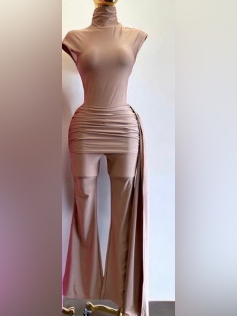 High-Neck Women's Jumpsuit with Draped Side Panel BROWN